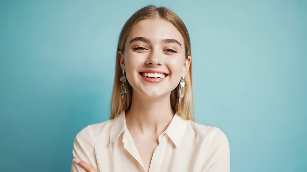 Confident businesswoman in white shirt standing with crossed arms, smiling brightly against blue background during studio photoshoot