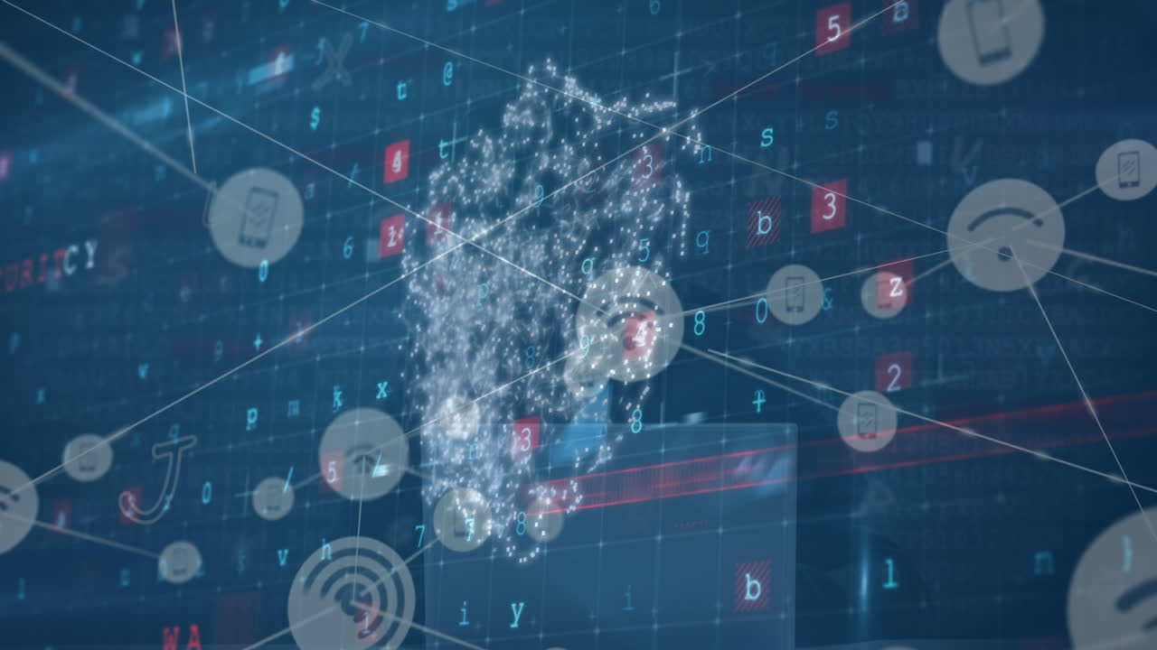 파란색 배경 위에 보안 방패를 가진 디지털 인터페이스의 애니메이션