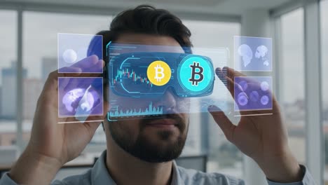 exploring the future of finance: a man ignites opportunities in cryptocurrency using augmented reality technology through innovative smart glasses