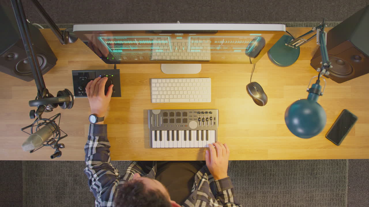 vista aérea de un músico masculino en una estación de trabajo con teclado y micrófono en el estudio