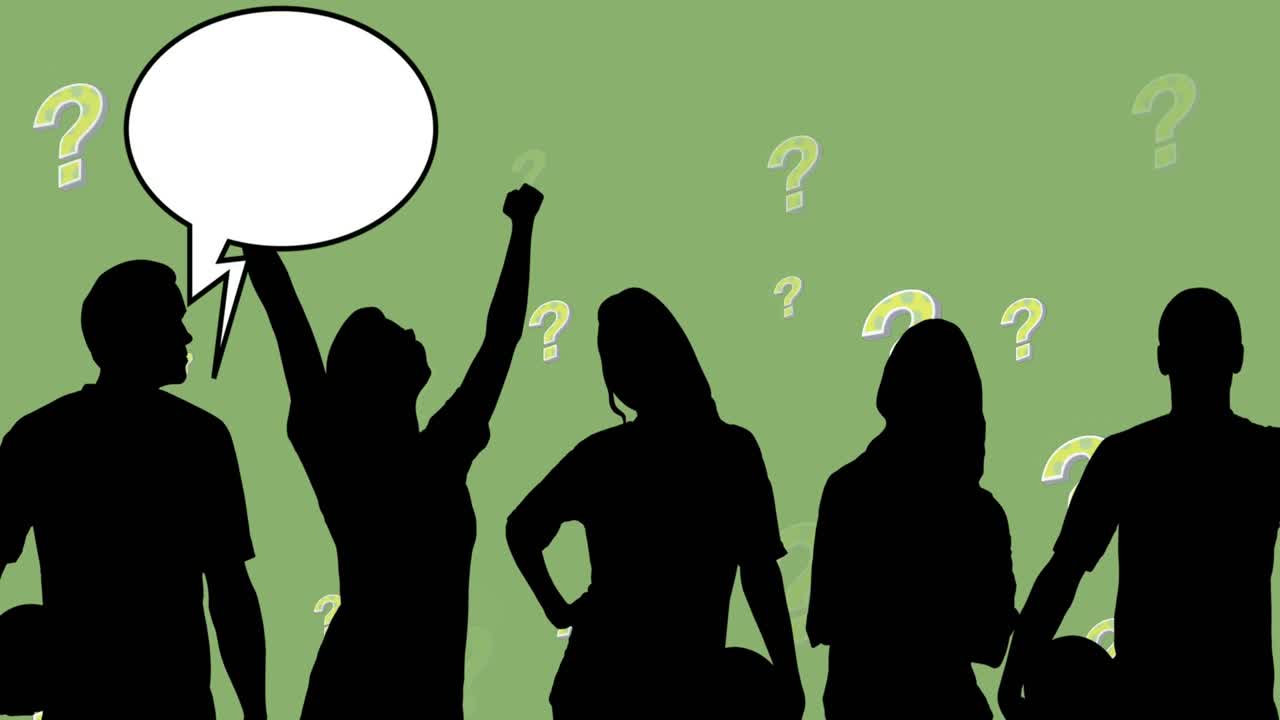 녹색 배경에 질문 표시 위에 음성 거품과 함께 사람들의 실루 ⁇ 의 애니메이션