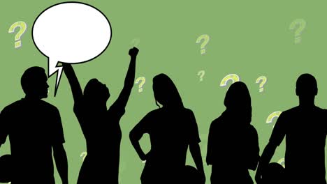 Animation-of-people-silhouettes-with-speech-bubbles-over-question-marks-on-green-background