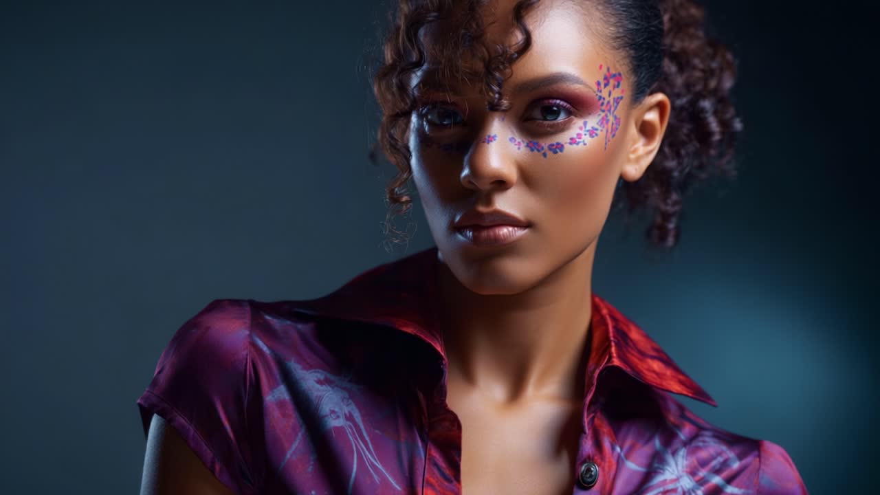Elegante ritratto di una modella con trucco artistico e abbigliamento vivace che mette in mostra una miscela unica di colore, stile e fascino in un ambiente professionale