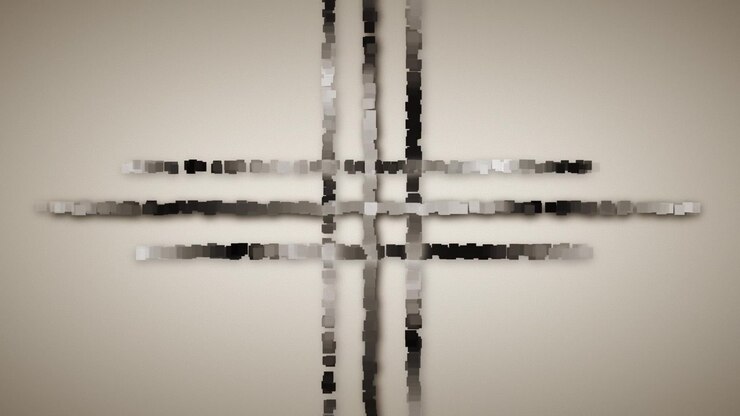 An abstract retro animation of squares forming black and grey streams that move and cross over a grainy beige field, creating a rhythmic grid of rectangles in digital motion