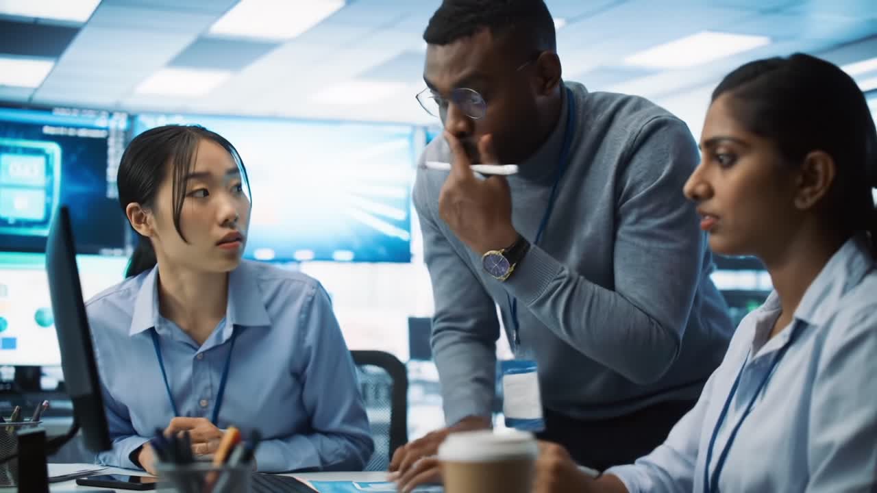 Team Collaboration in a Modern Tech Environment: Engaged Professionals Analyzing Data on Computer Screens in a Contemporary Workspace Setting