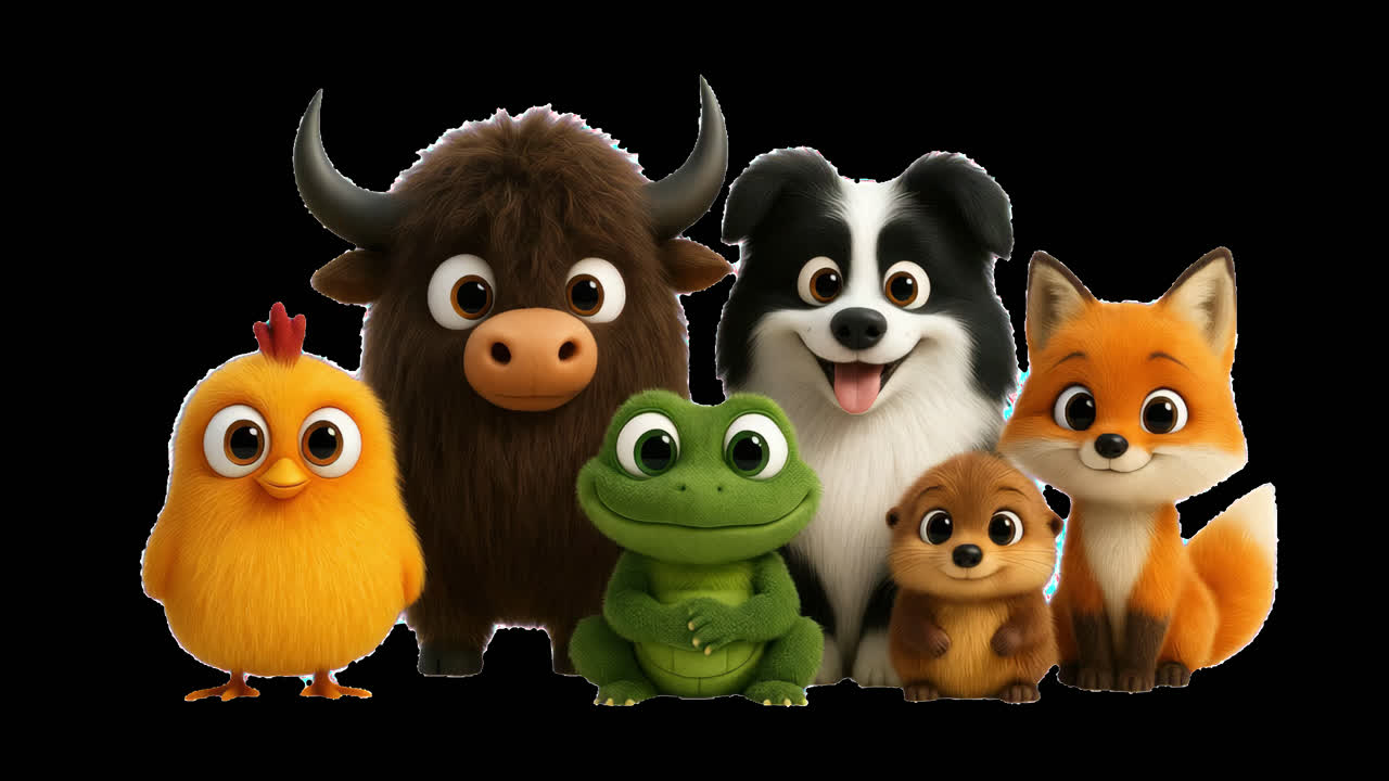 Adorable cartoon animal friends animation isolated asset, transparent 4K video, alpha channel