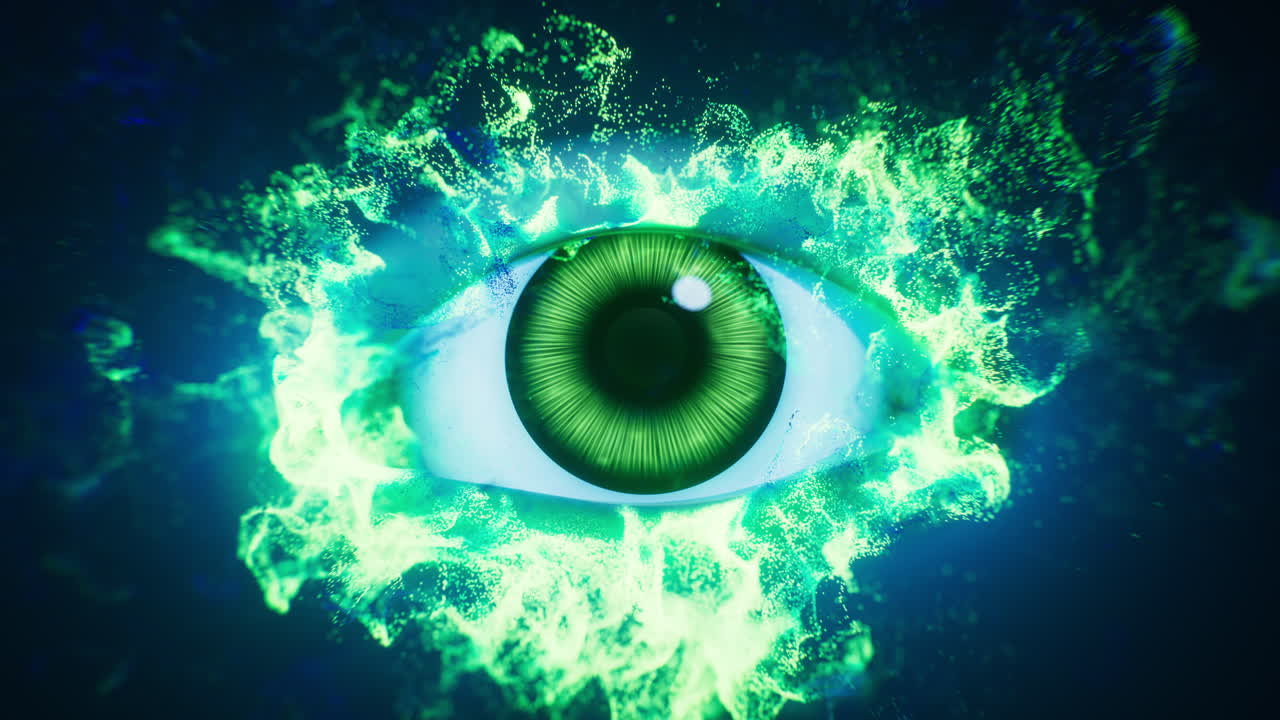 An eye in the dark with vfx particles, 3d rendering.