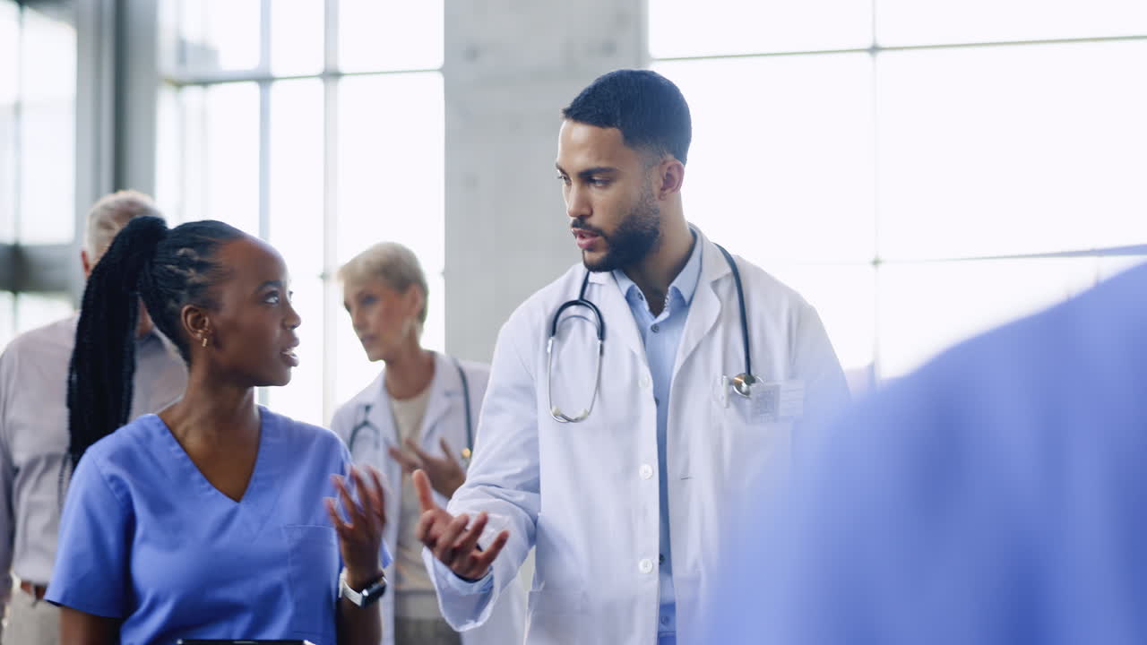 Nurse, doctor and advice while walking in hospital