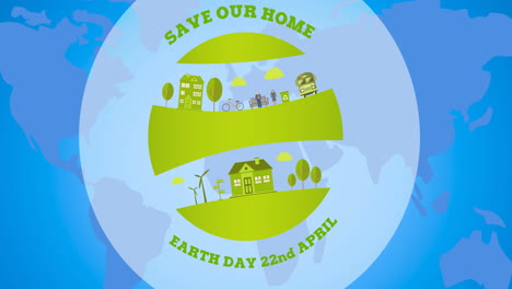 animation of earth day text and green globe logo over blue world map