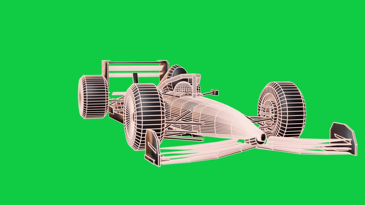 Telecamera che si allontana, effettuando una panoramica a destra, mostrando una F1 in wireframe, con linee al neon che tracciano le specifiche su sfondo trasparente