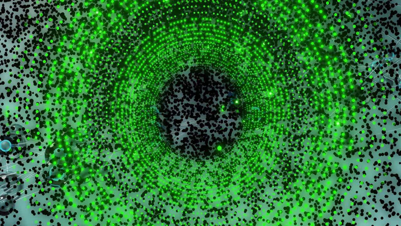 Animation of digital data processing and binary coding over neon circle background