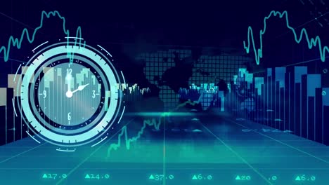 animation of moving clock over financial data processing and world map