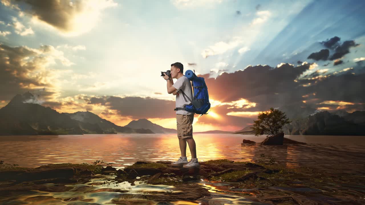 vista lateral completa del cuerpo de un excursionista masculino asiático con mochila de montañismo usando una cámara tomando fotos en un lago