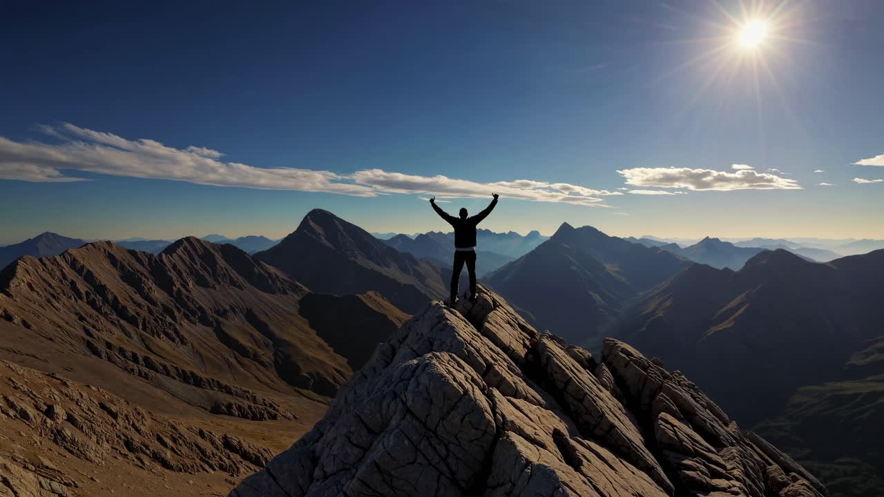 A silhouette of a person triumphantly stands atop a mountain peak at sunrise