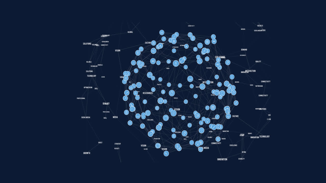 Animation of network of connections with icons forming globe on blue background