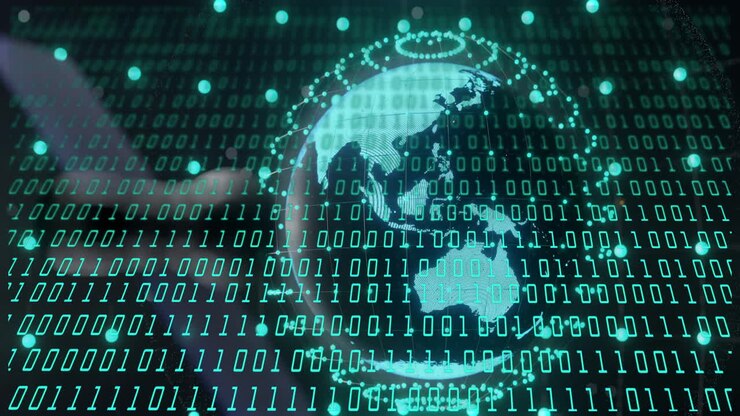 Animazione di codifica binaria ed elaborazione dati digitali su globo
