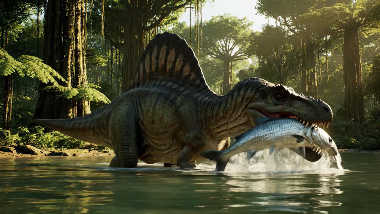 Spinosaurus Eating Fish in a Tropical Forest