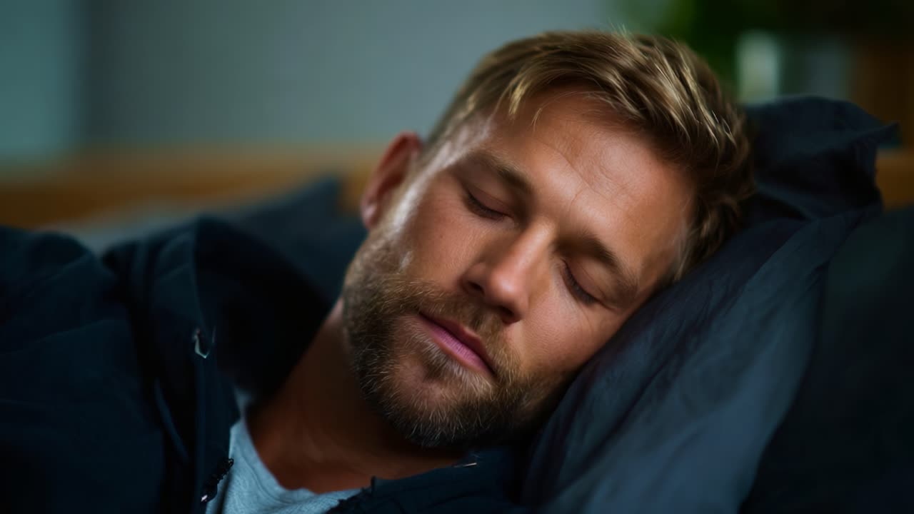 Et fredfyldt øjeblik er fanget, der viser en fredelig mand, der hviler med lukkede øjne og udstråler afslapning og ro i et hyggeligt indendørs miljø.