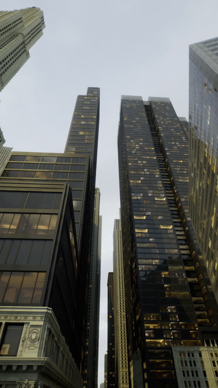 Evening skyline view of tall skyscrapers in urban city center