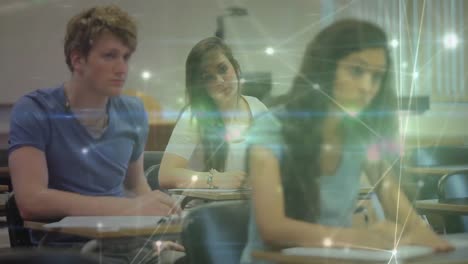 animation of glowing network of connections moving over students writing in classroom