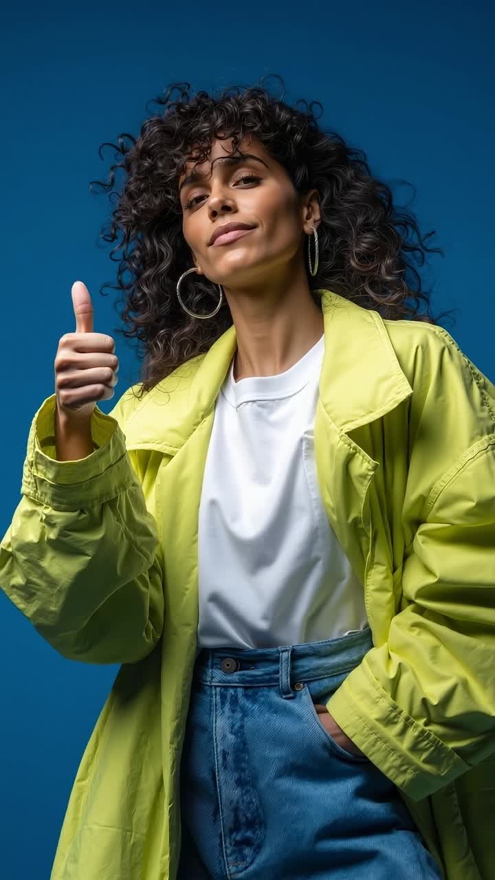 A woman wearing a yellow jacket and blue jeans