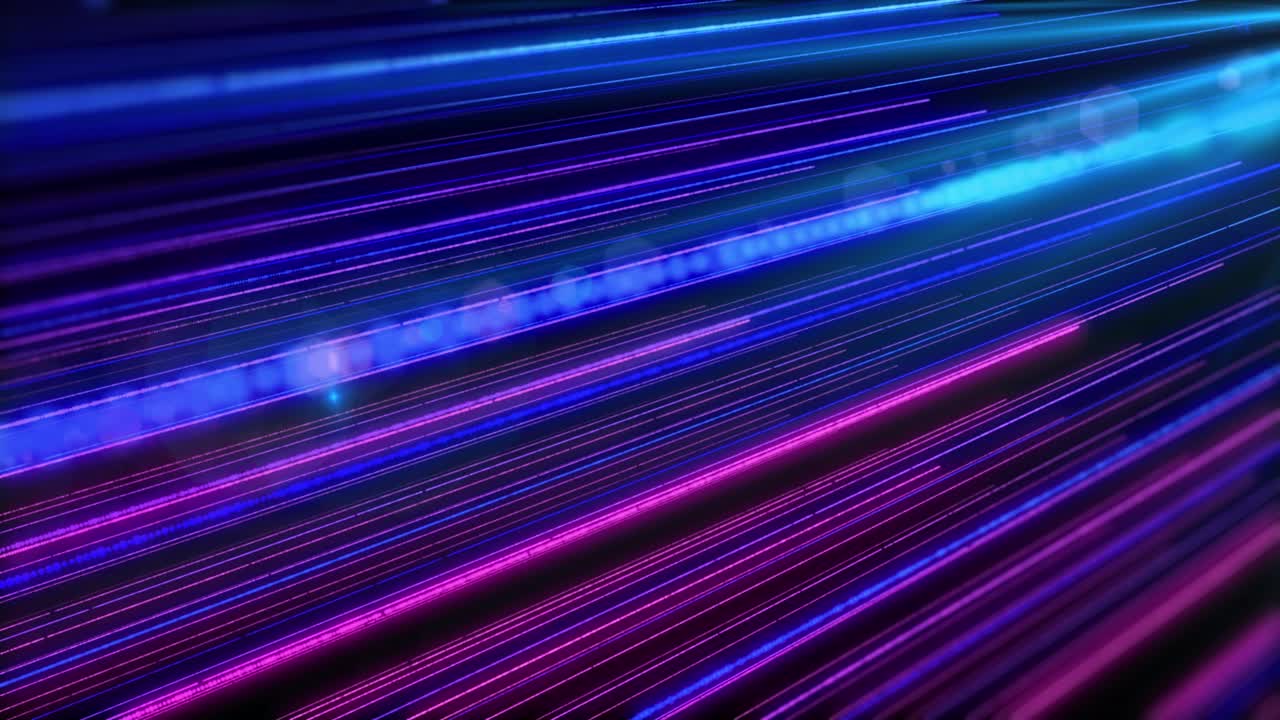 línea de brillo digital ciclo de transferencia de datos. red de flujo de tecnología neón brillante con luz de lente 4k movimiento. vista de perspectiva fondo futurista.