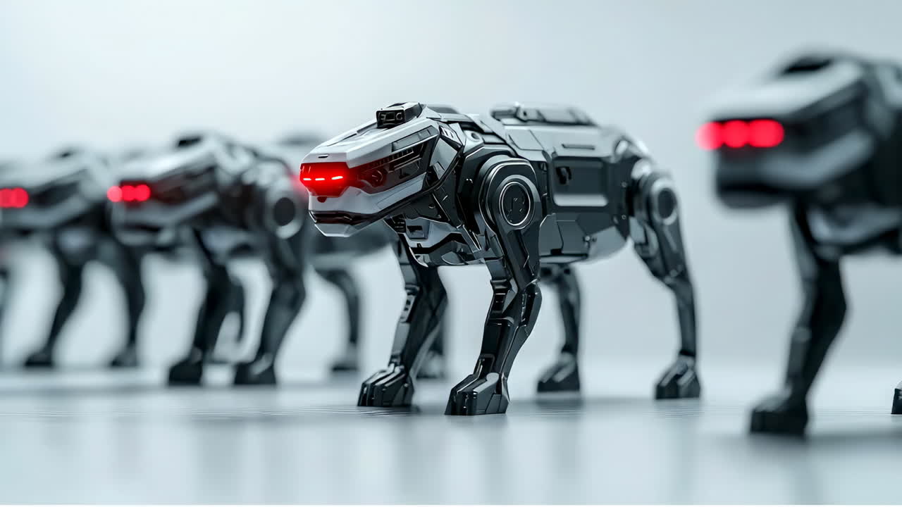 Robotic animals walk in a modern setting. Three robotic dogs move forward in a clean space with bright lighting and sleek surfaces