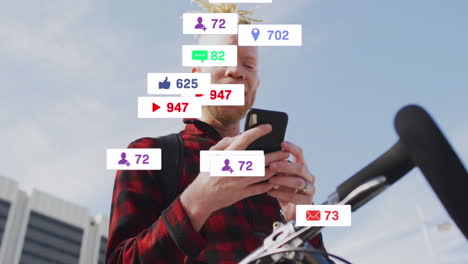 Animation-of-social-media-data-processing-over-albino-man-on-smartphone