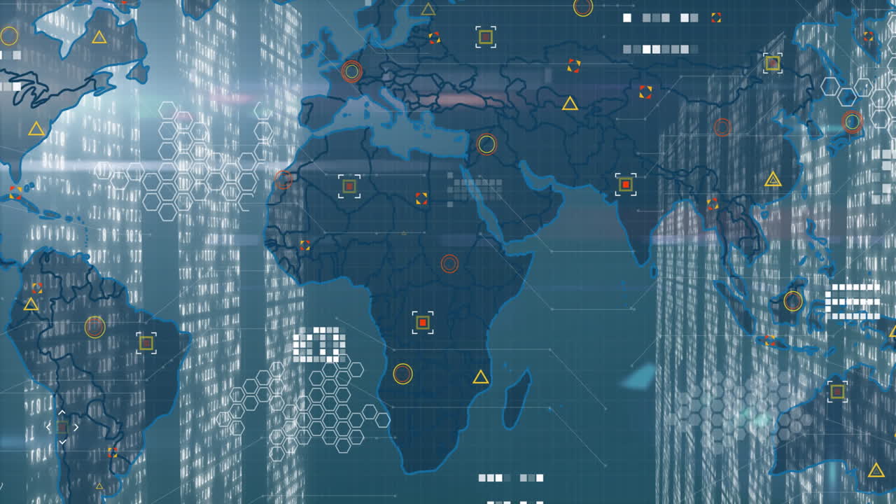 Animation of digital world map with data processing symbols and network connections