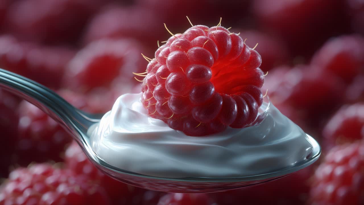 Close-up of a luscious raspberry resting atop a creamy dollop of yogurt, creating a delightful and inviting visual treat that's perfect for a refreshing snack