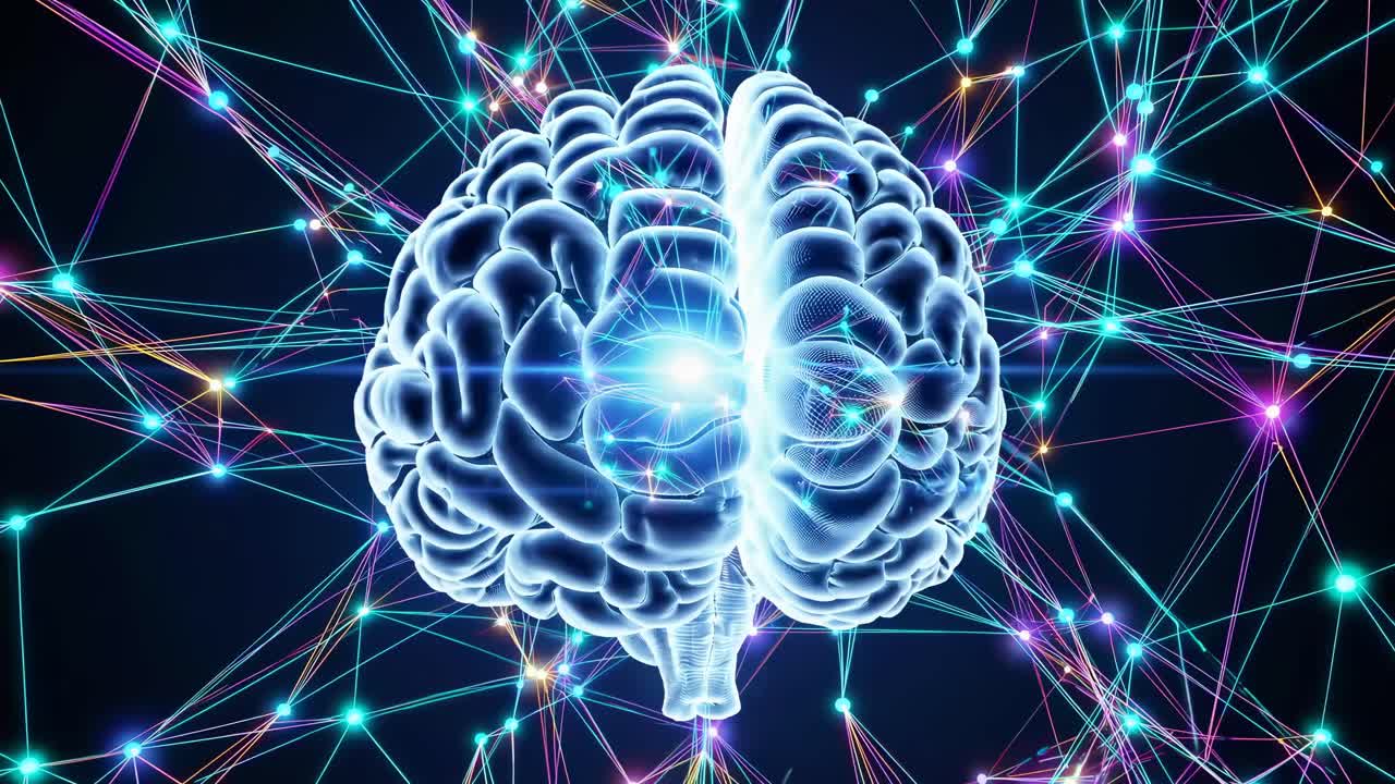 Futuristic video concept of a glowing brain surrounded by interconnected neural networks, viewed