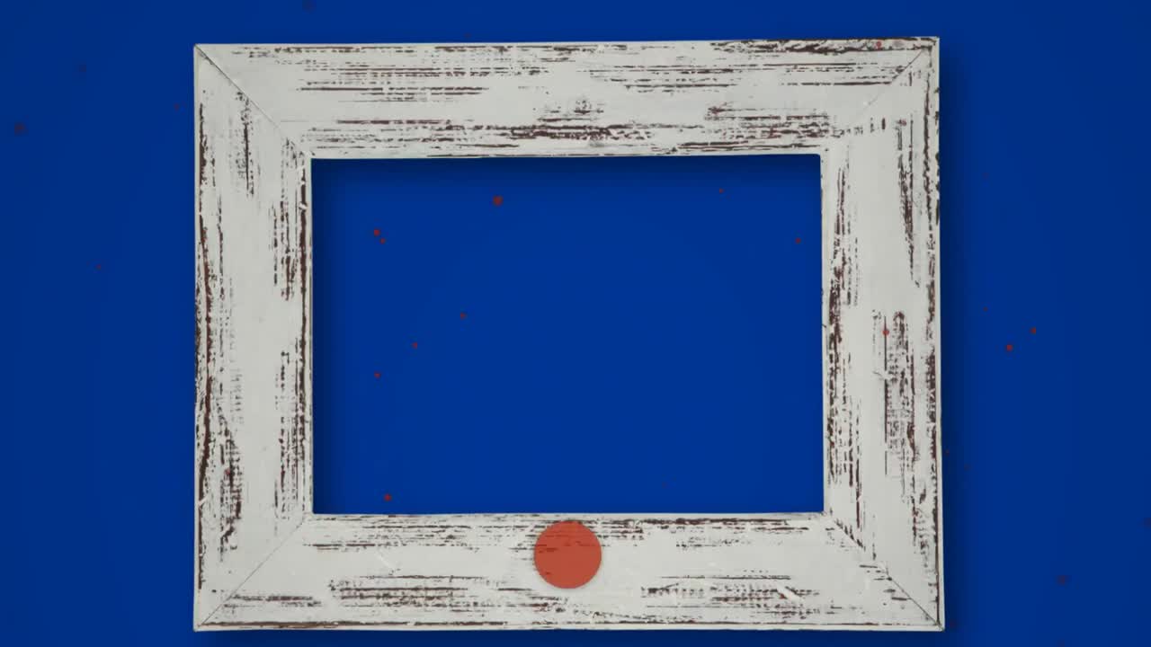 animación de puntos flotando sobre un marco de madera con espacio de copia en fondo azul