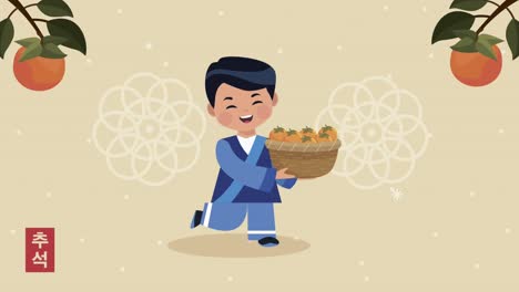 happy chuseok celebration animation with asian boy and oranges trees