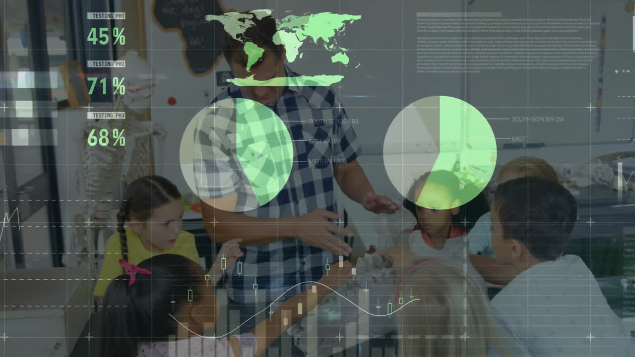 animación de una interfaz infográfica multicolor sobre diversos profesores masculinos que enseñan a los estudiantes