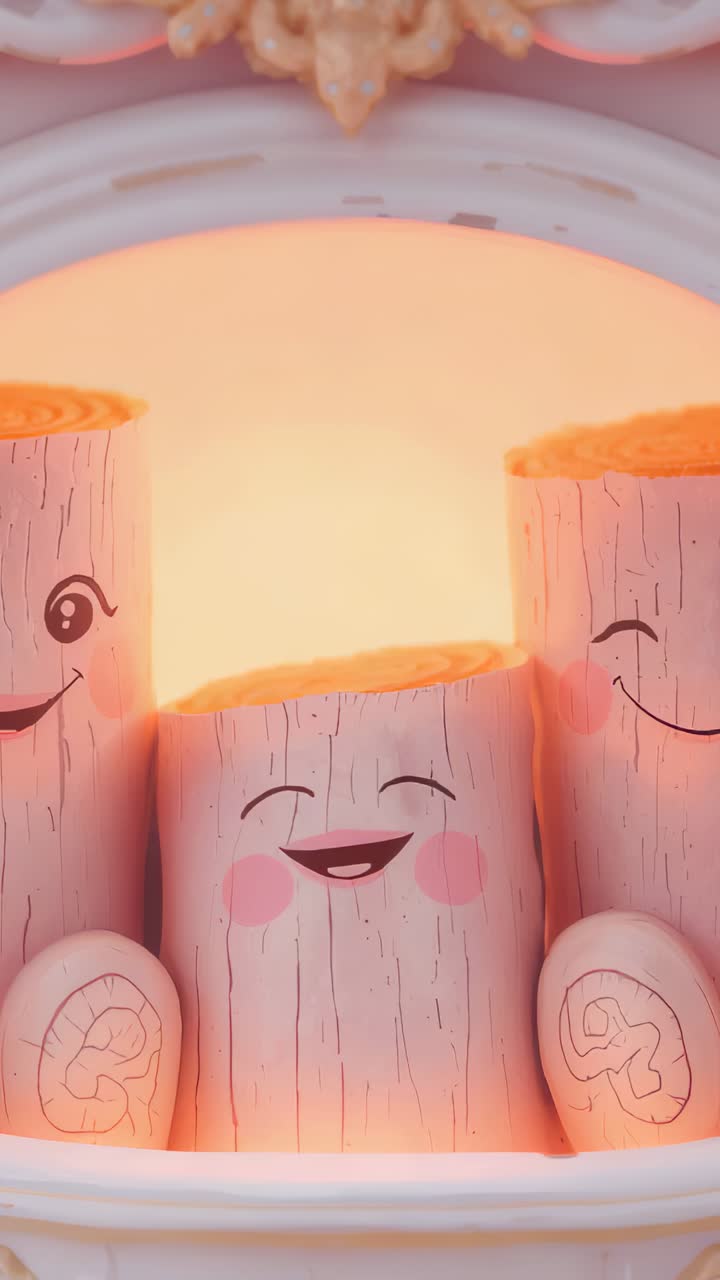 Vertical video: Backlight rising, center log moving forward and widening smile on pedestal in niche