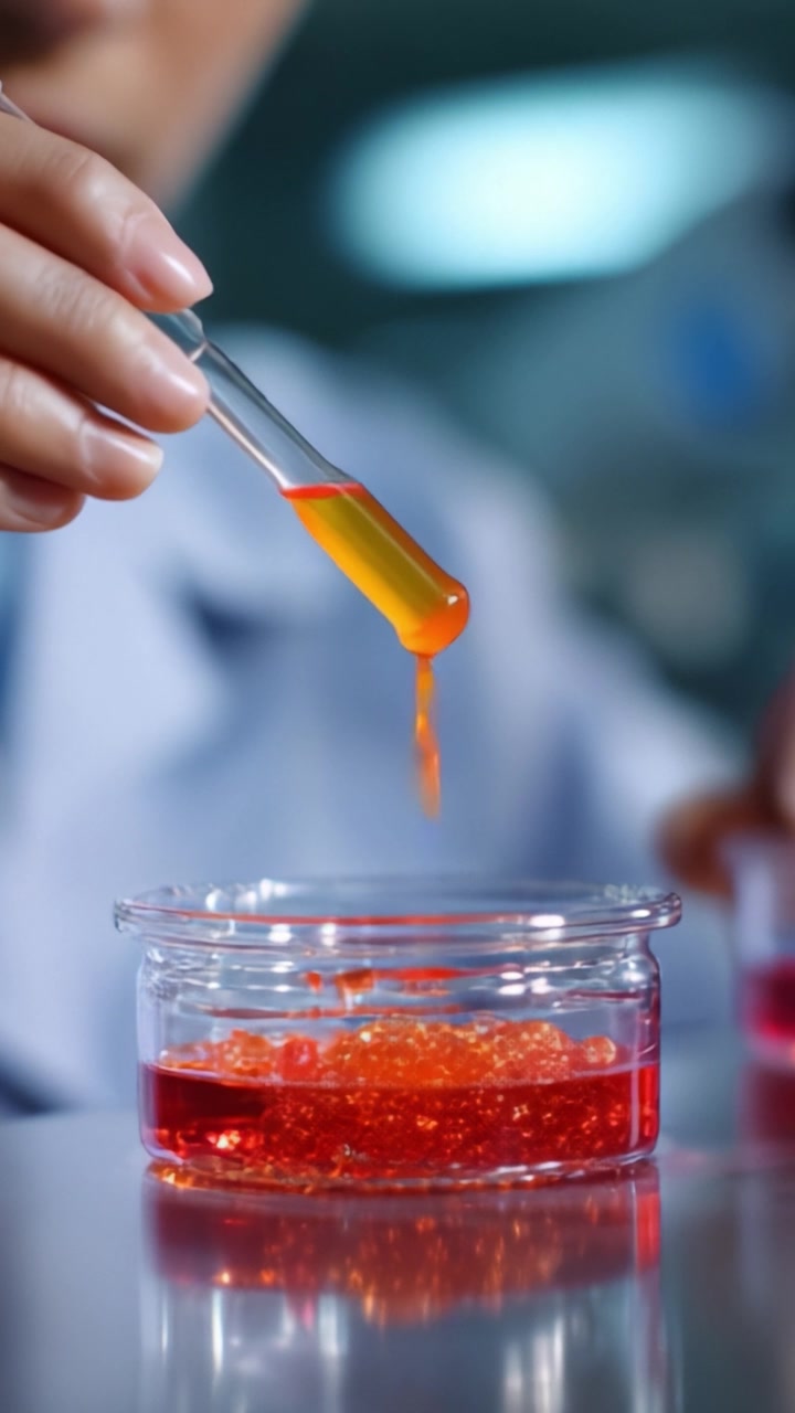 Experiment in a laboratory with an individual using a pipette to mix two colorful liquids in a petri dish, highlighting chemistry and scientific inquiry.