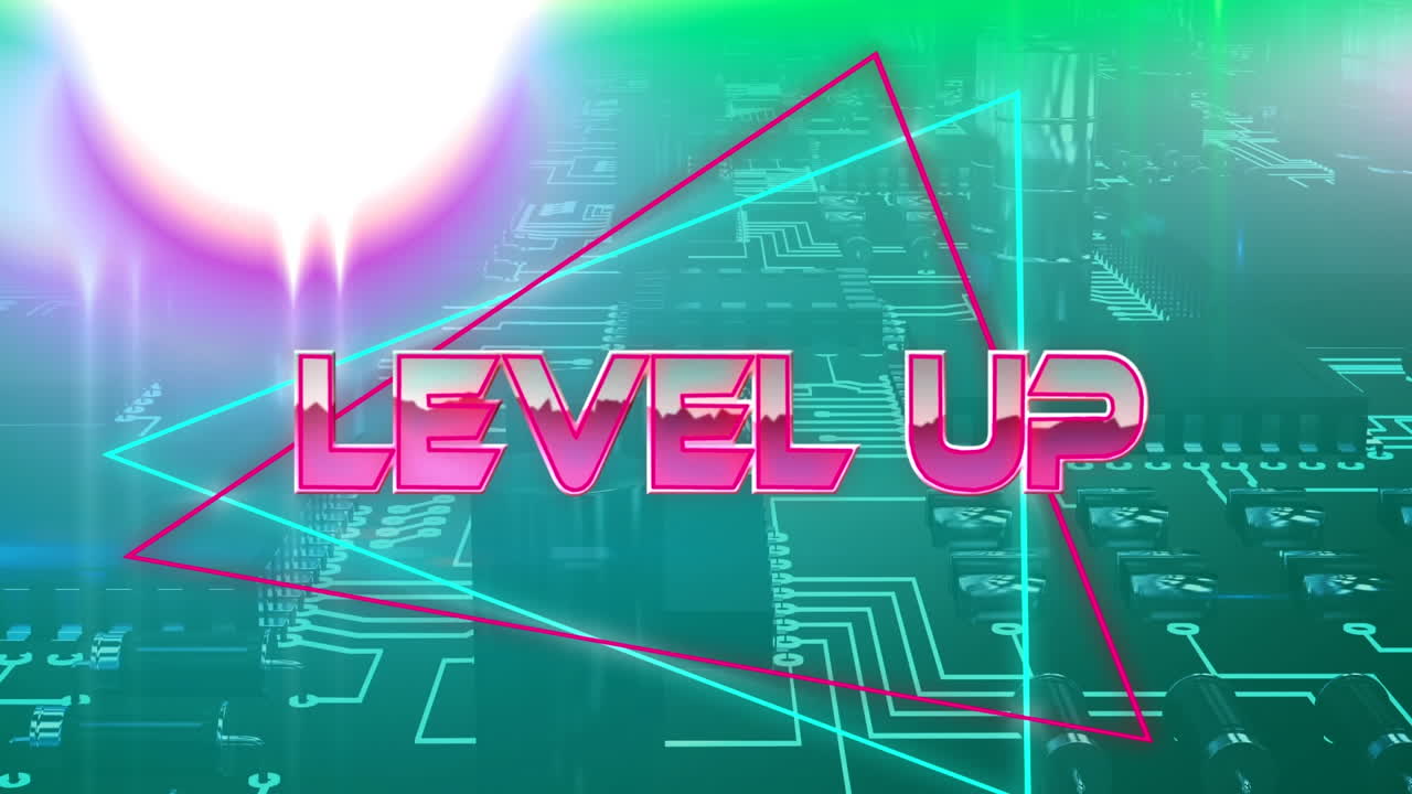 초록색 컴퓨터 메인보드에 네온 라인을 통해 분홍색 금속 텍스트 레벨을 올리는 애니메이션