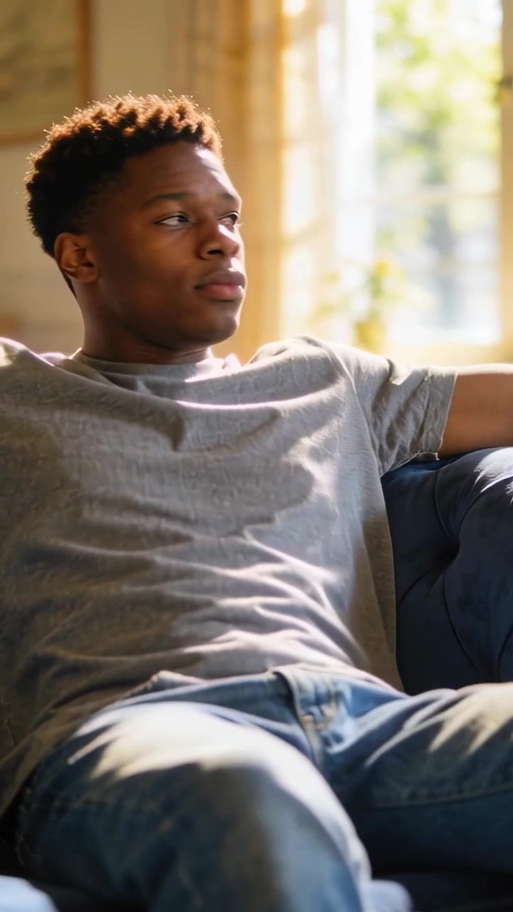 Vertical video: Reclining guy in gray tee, jeans glancing left and right on sunny sofa with window