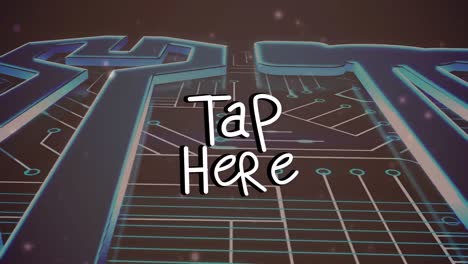 animación de toque aquí texto sobre placa de circuito de computadora e iconos en fondo negro