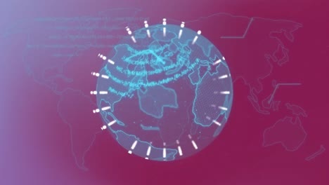 Animation-of-data-processing-over-spinning-globe-and-world-map-against-purple-gradient-background