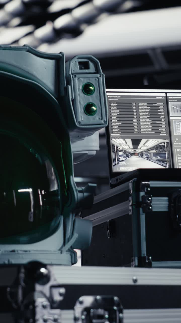 Vertical video Chroma key tablet in orbital station surrounded by high tech gear