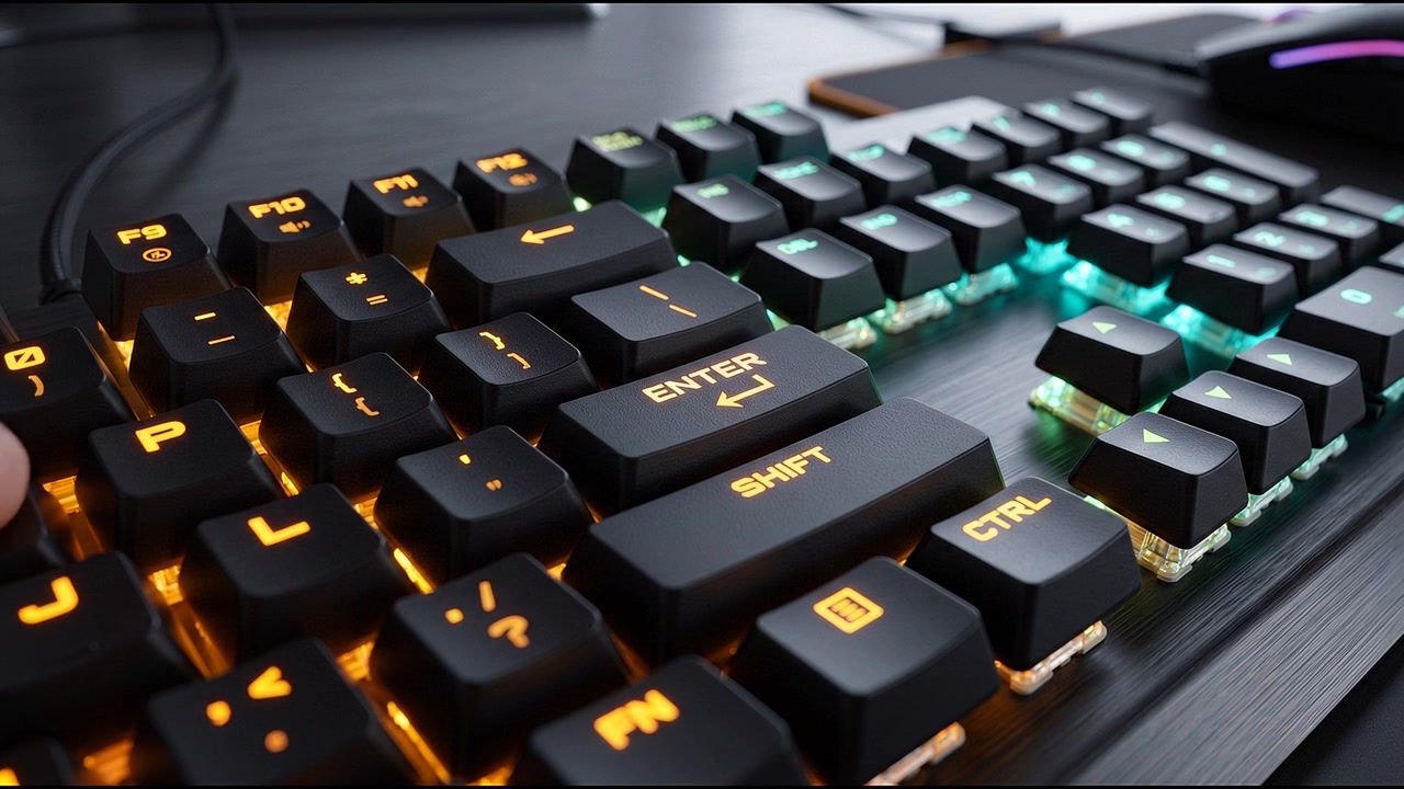 Close up of illuminated mechanical keyboard designed for gaming and technology use