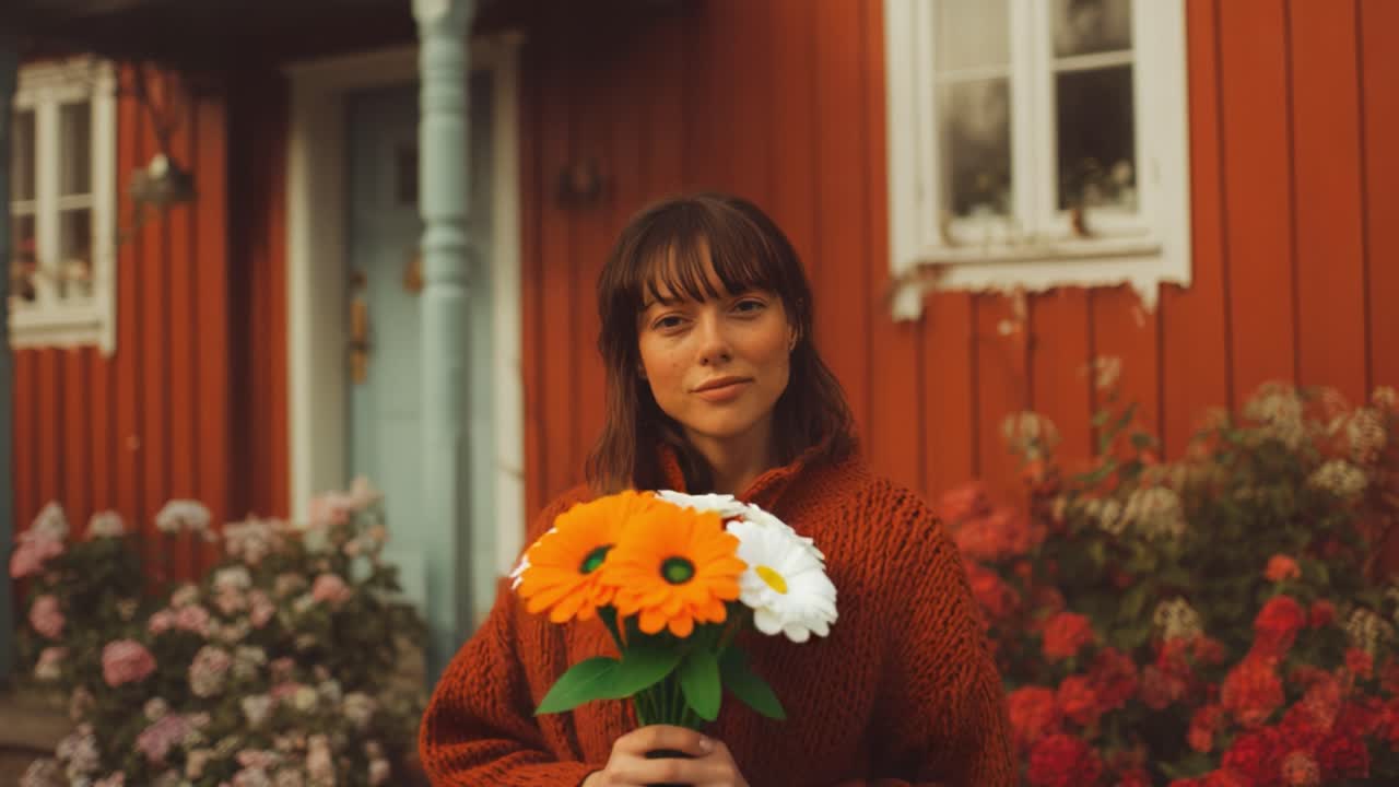 A Thoughtful Moment: A Young Woman in a Cozy Sweater Poses Against a Charming Red Cottage Surrounded by Colorful Flowers Capturing the Essence of Tranquility