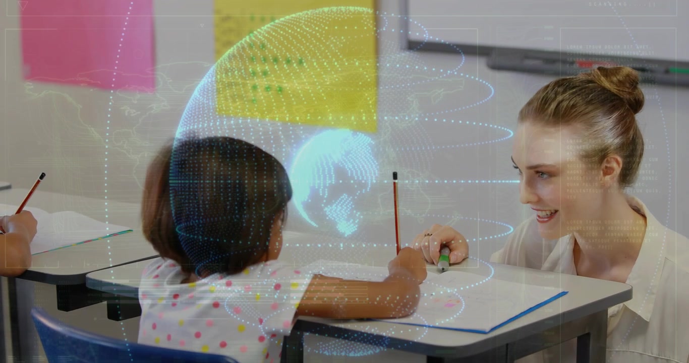Student writing at desk, teacher offering eraser to assist grip change, education AR globe hovering