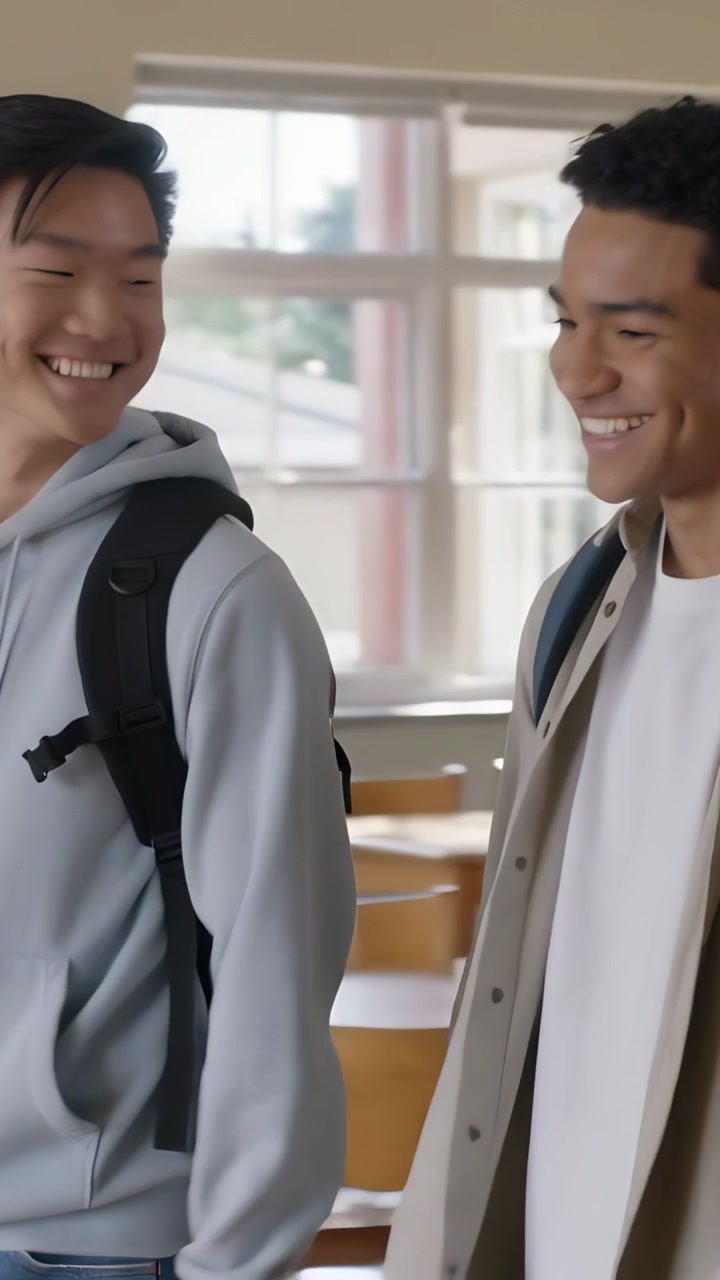 Video vertikal: Remaja berjalan saat remaja di kiri memulai obrolan di antara kelas dengan ransel dan hoodie