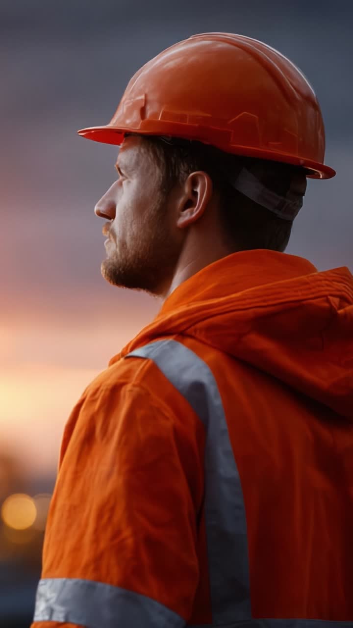 A diligent construction worker in an orange safety jacket and hard hat gazes thoughtfully into the distance, reflecting on the day's work against a dramatic sunset backdrop