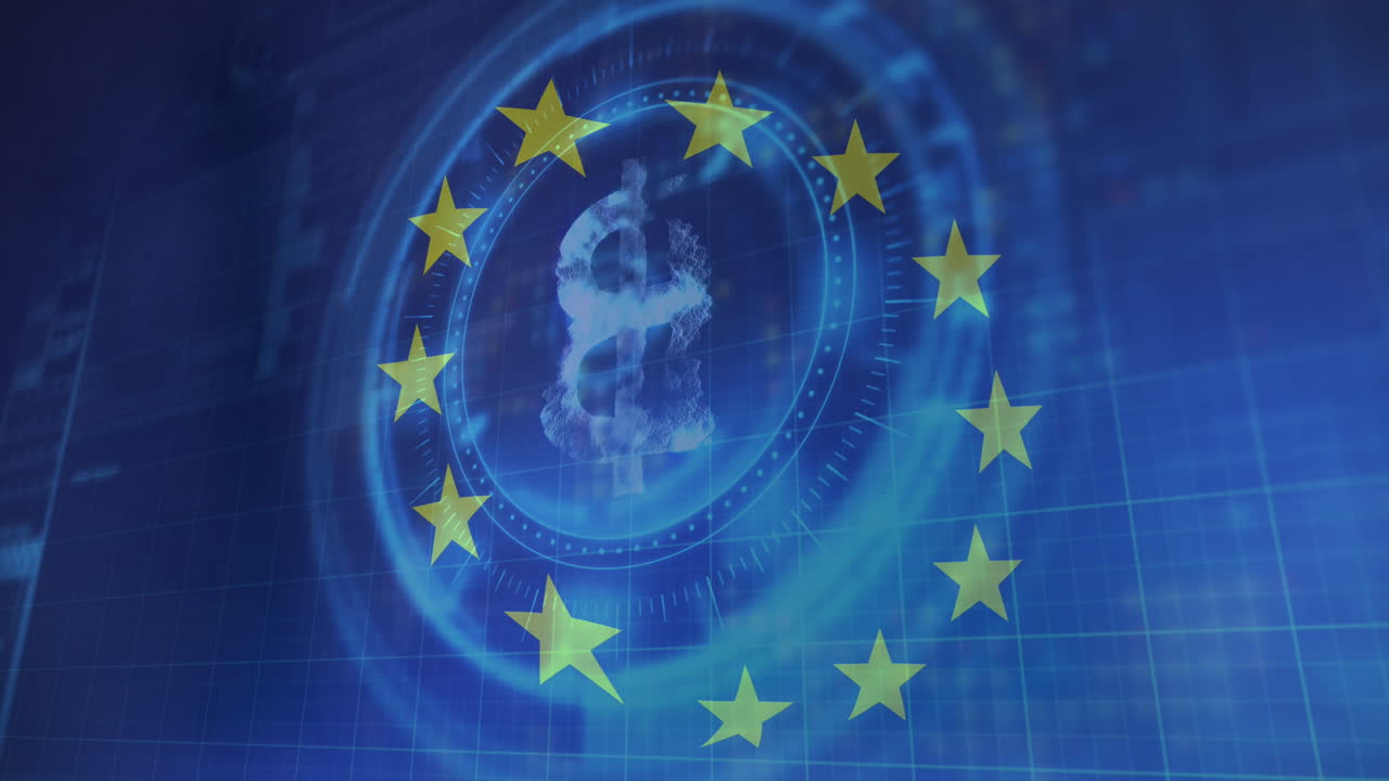 eu의  ⁇ 발 위에 스 ⁇  스캐닝과 비트코인 기호의 애니메이션