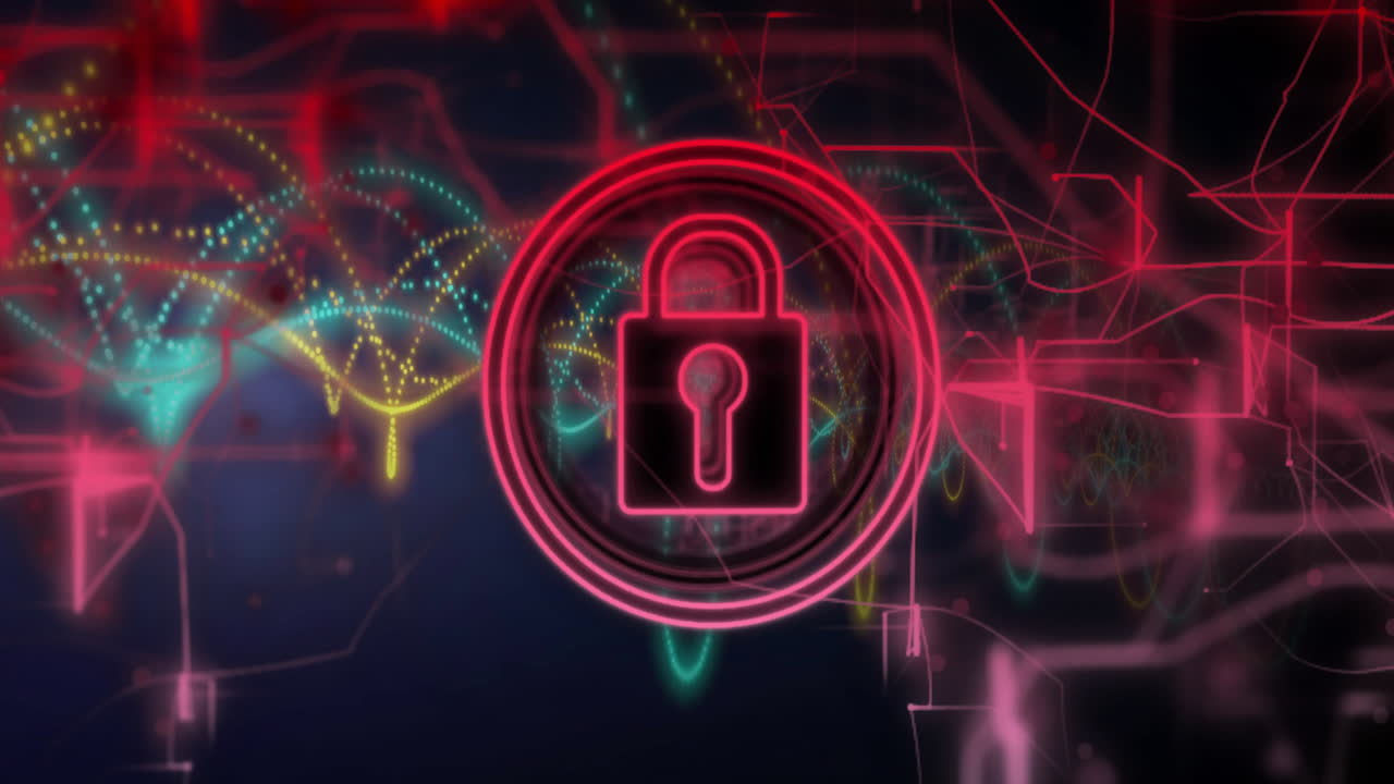 animación de icono de bloqueo sobre conexiones de red digital de colores