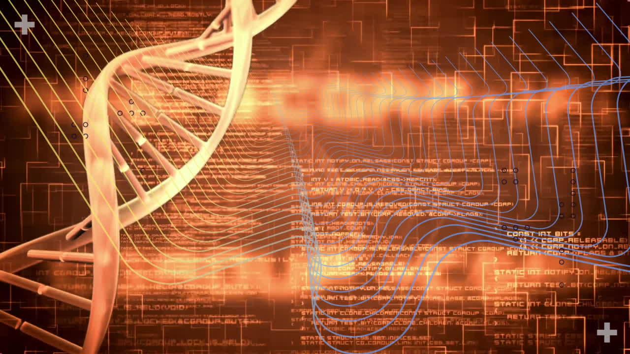 Stylized 3D DNA helix being rendered curving vertically along left side, showing code and data flow