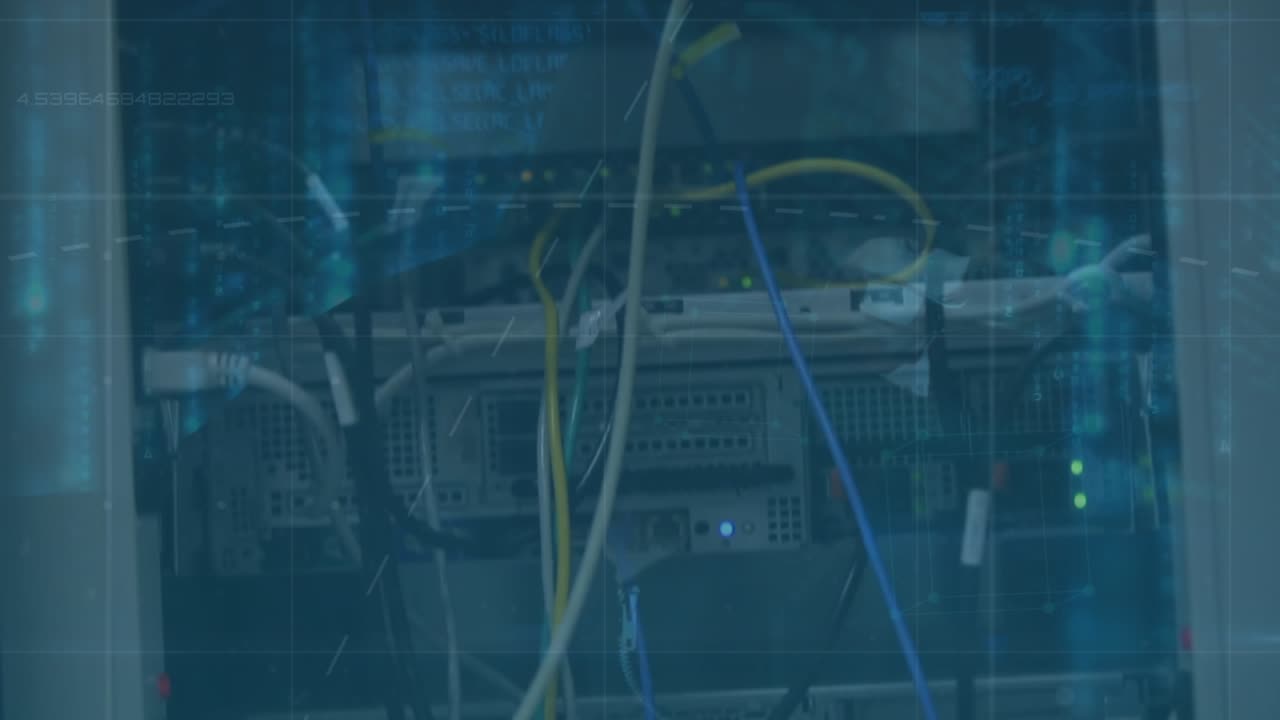 Animation of data processing and hacker over wires in server room